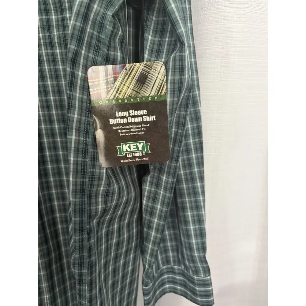 KEY Men's 2XLT Green Plaid Long Sleeve Button-Up Button-Down Pockets #0159